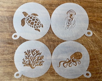 Sea Life Coffee Stencil, Turtle, Coral, Jellyfish, Octopus Cappuccino, Coffee Duster,Choice of 4 designs