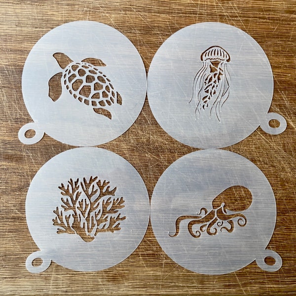 Sea Life Coffee Stencil, Turtle, Coral, Jellyfish, Octopus Cappuccino, Coffee Duster,Choice of 4 designs