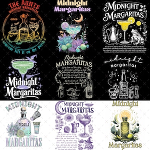 May include: A collection of nine graphic designs featuring the text Midnight Margaritas, illustrated with tequila bottles, margarita glasses, frogs, witches' hats, cauldrons, moons, and botanical elements in various color palettes on black and white backgrounds.