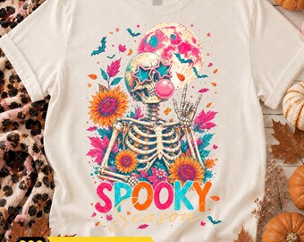 Colorful Spooky Season Skeleton PNG, Vibrant Halloween Skeleton Design, Floral Skull PNG, Retro Halloween Shirt Graphic, Digital Download