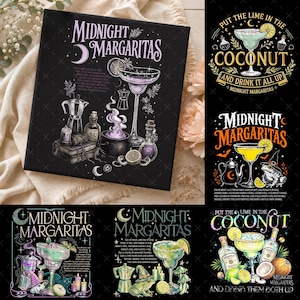 May include: A black rectangular print featuring the text Midnight Margaritas, Put the Lime in the Coconut, and And Drink It All Up. The design includes illustrations of margaritas in glasses, a cauldron with purple smoke, a frog, and bottles.