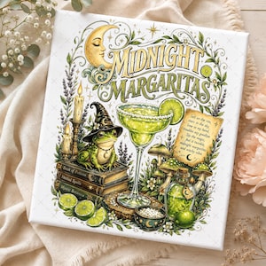 May include: A rectangular canvas print featuring the text Midnight Margaritas, a green frog wearing a witch hat sitting on books, a margarita glass with a lime slice, candles, mushrooms, and a parchment scroll with poetic text.