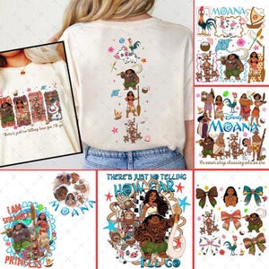 May include: A cream-colored t-shirt featuring various Moana-themed graphic prints. The designs include illustrations of Moana, Maui, Pua, and Heihei, along with decorative elements like flowers, bows, and the text "There's just no telling how far I'll go."