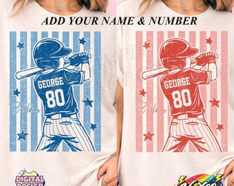 Custom Baseball Player PNG, Personalized Name & Number Shirt Design, Vintage Stripes Baseball Boy Graphic, Kids Team Gift, Sublimation