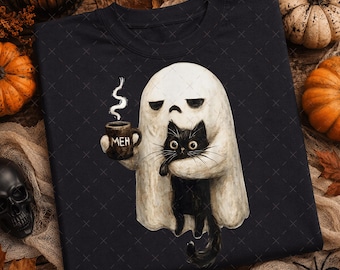 Funny Halloween Ghost Cat PNG, Meh Coffee Spooky Sublimation Design, Introvert Black Cat Shirt Graphic, Retro Fall Digital Download