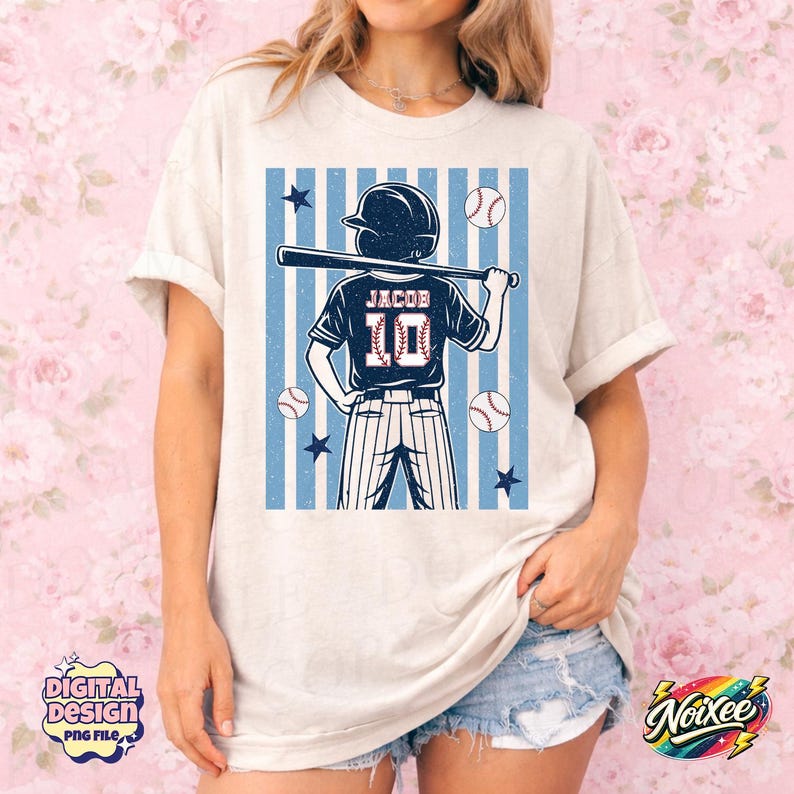 Custom Baseball Name PNG, Personalized Player Number Design, Striped Sports Shirt, Kids Baseball Mom Gift, Sublimation Download image 3