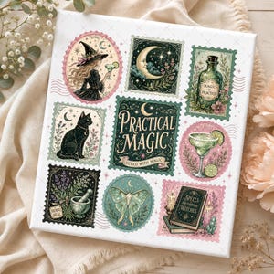 May include: A square canvas print featuring a collection of postage stamp-style illustrations. The central text reads Practical Magic Mixed With Magic. Surrounding images include a witch, a crescent moon, a potion bottle, a black cat, a margarita, a mortar and pestle with herbs, a moth, and a book titled Spells For Everyday Witches.