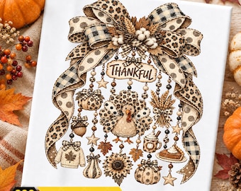 Coquette Turkey Thanksgiving PNG, Floral Autumn Turkey Design, Retro Fall Pumpkin Gingham PNG, Leopard Bow Thanksgiving Sublimation