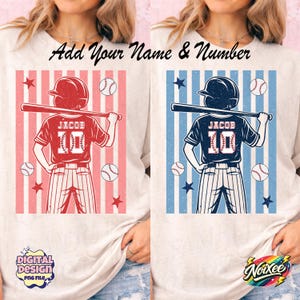May include: Baseball-themed digital design featuring a baseball player holding a bat, with the name "Jacob" and the number "10" on the jersey. The design includes baseballs, stars, and the text "Add Your Name & Number". Available in red and blue color schemes.