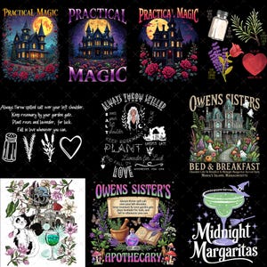 May include: A collection of graphic designs featuring Practical Magic themes, including a Victorian house, a salt shaker, rosemary, lavender, a red heart, the Owens Sisters Bed & Breakfast, a black cat, a mortar and pestle, and a green margarita glass.