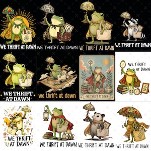 May include: A collection of twelve illustrations featuring frogs, a raccoon, and an opossum holding vintage lamps, mirrors, or lanterns, carrying tote bags, and wearing capes. Each scene includes the text WE THRIFT AT DAWN in various fonts.