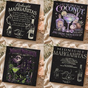 May include: Four square black signs featuring white and colorful illustrations of margaritas, tequila bottles, and potion ingredients. The text includes phrases like Midnight Margaritas, Put the Lime in the Coconut, and various witchy recipe verses.