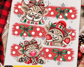 Stripes Christmas Highland Cow PNG, Retro Holiday Cow Design, Halftone Coquette Christmas Cow, Western Farm Animal, Digital Download