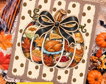 Stripes Pumpkin Turkey Thanksgiving PNG, Coquette Turkey Autumn Design, Striped Gingham Pumpkin Graphic, Leopard Dots Fall PNG
