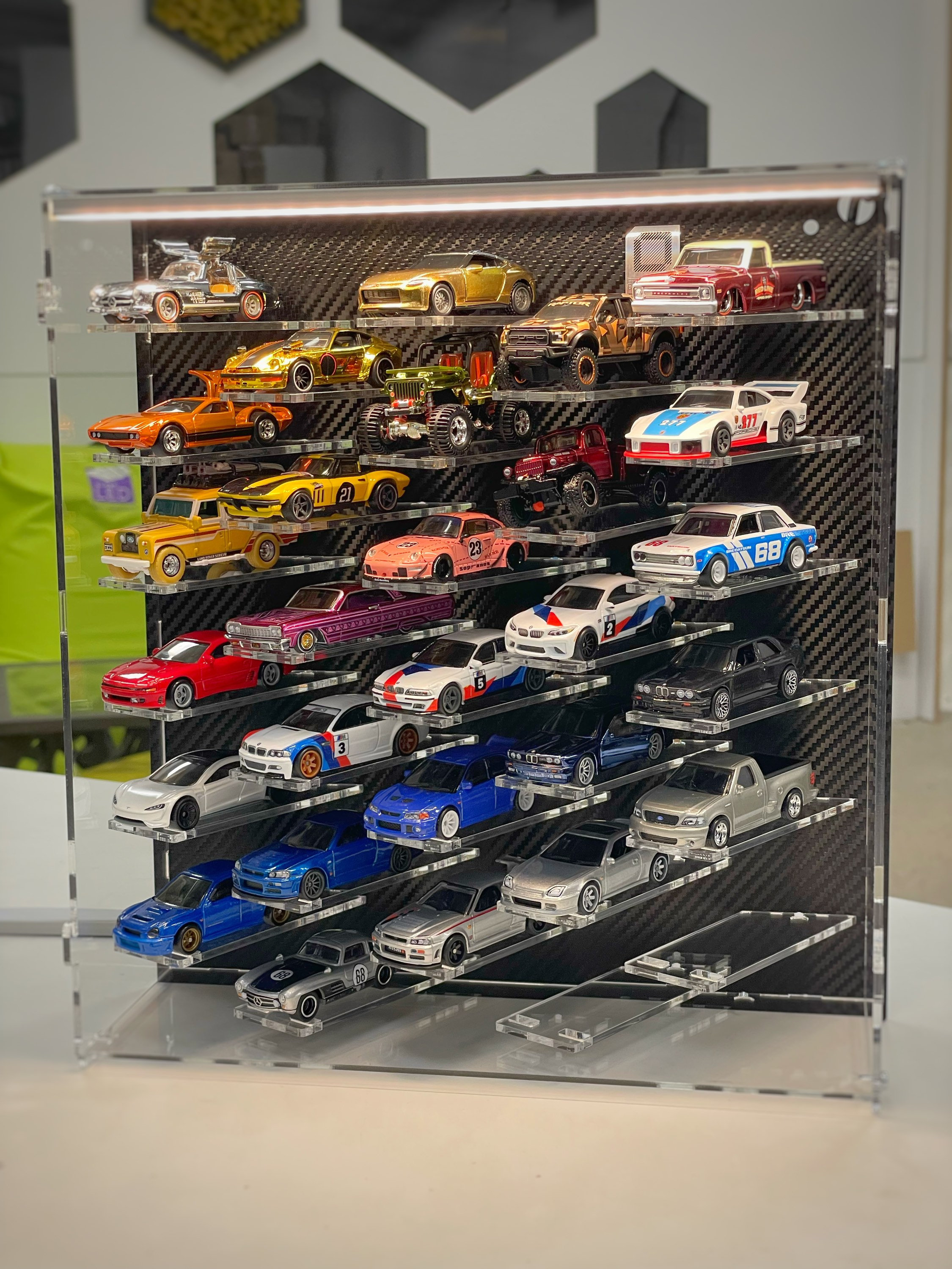 Vetrina espositiva per auto pressofuse in scala 1/64: Hot Wheels, ripiano portaoggetti Matchbox - Italia