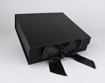 Square Gift Box, Magnetic Closure, Memory Box, Satin Ribbon Bow, Customizable, Luxurious, 8.75x8.75x2.5in, Black, White, Silver, Copper, Red