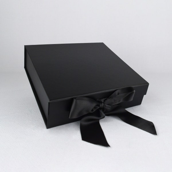 Square Gift Box, Magnetic Closure, Memory Box, Satin Ribbon Bow, Customizable, Luxurious, 8.75x8.75x2.5in, Black, White, Silver, Copper, Red