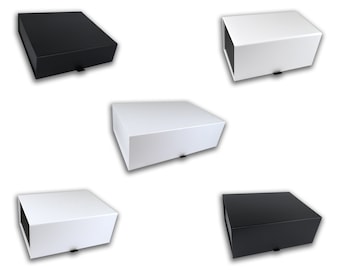 Magnetic Box, Luxury Gift Box, Corporate Gifts, Customizable, Keepsake Box, Memory Box, Thank You Box, Ribbon Tab, Black, White, 5 Sizes