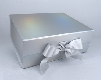Stor metallask med magnetisk stängning, förlovningspresent, anpassningsbar, lyxig, satinband, 28x21x11 cm, silver, röd, koppar