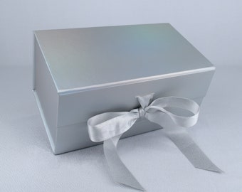 Metallic Gift Box with Magnetic Closure, Corporate Gifts, Satin Ribbon Bow, Customizable, Luxurious, 8.25x5x4in, Silver, Copper, Red