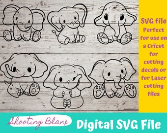 May include: Five black and white outline illustrations of baby elephants sitting on a white wood background. The text "SVG file Perfect for use on a Cricut for cutting decals or for Laser cutting files" is in yellow text on a white background.