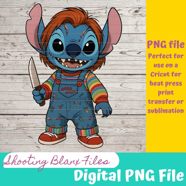 May include: A digital PNG file featuring a blue cartoon character with orange hair, holding a knife, dressed in a striped shirt and denim overalls. The character is a mashup of Stitch and Chucky. The image includes the text "GOOD GUY" and "Digital PNG File".