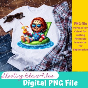 May include: A digital illustration of a cartoon character with red hair and a striped shirt, wearing sunglasses and floating on a green inflatable ring in a pool. The character is holding a tropical drink. The image is a digital PNG file.