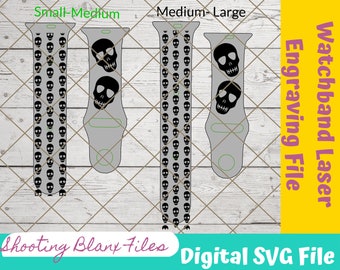 May include: A digital SVG file for a watchband laser engraving design featuring a skull pattern. The design is available in three sizes: small-medium, medium, and large.