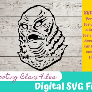 May include: Black and white digital illustration of a creature from the black lagoon. The image is a digital SVG file for use with a Cricut or laser cutting machine.