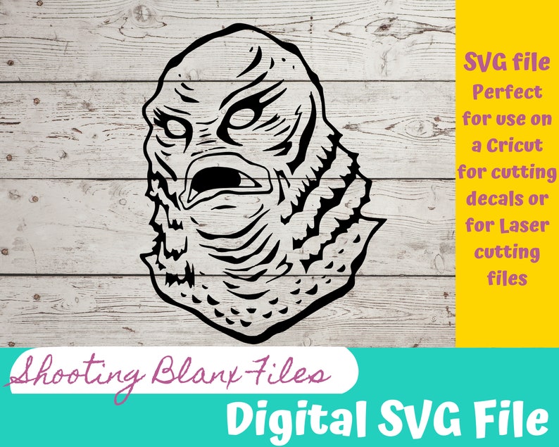 May include: Black and white digital illustration of a creature from the black lagoon. The image is a digital SVG file for use with a Cricut or laser cutting machine.