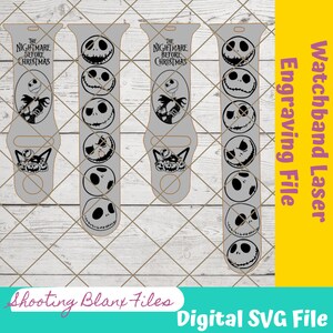 Puede incluir: Tres diseños digitales de correas de reloj con el personaje Jack Skellington de la película Pesadilla antes de Navidad. Los diseños incluyen la cara de Jack, una imagen de cuerpo entero de Jack y un Jack Skellington con cabeza de calabaza. El texto "Pesadilla antes de Navidad" está incluido en el diseño.