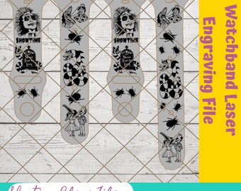 May include: A digital SVG file for laser engraving a watchband with a black and white design featuring a character from the movie Beetlejuice. The design includes the text "It's Showtime" and "Never Trust the Living".