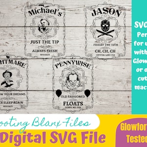 Op de afbeelding: Vier digitale SVG-bestanden in zwart-wit voor een Glowforge of een andere snijmachine. De bestanden bevatten horrorfilmfiguren met tekst die "Nightmare", "Michael's", "Pennywise" en "Jason" luidt.