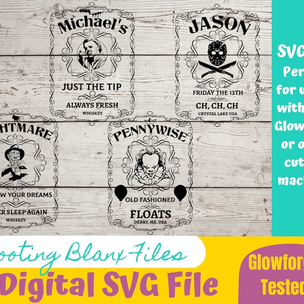 Horror Whiskey Flask Labels  SVG Files | Halloween Drink Stirrers | Glowforge Halloween Cut File | Digital File, Freddy, Jason, Michael