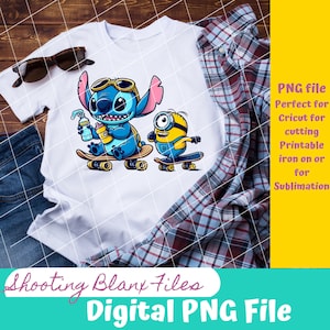 Stitch and Friend Skateboarding, Lato, Plik PNG, TYLKO PLIK CYFROWY, Naklejka, Sublimacja, Kubek, koszulka, torba, sztuka ścienna, Najlepsi przyjaciele