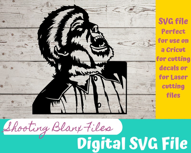 May include: Black and white digital illustration of a werewolf howling at the moon. The image is a digital SVG file for use with a Cricut or laser cutting machine.