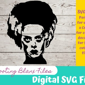 May include: Black and white silhouette of a woman with a hairstyle reminiscent of Frankenstein's monster. The image is labeled "Shooting Blanx Files" and "Digital SVG File".