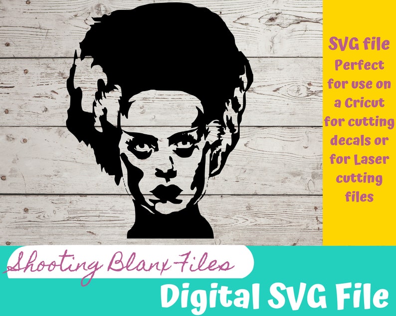 May include: Black and white silhouette of a woman with a hairstyle reminiscent of Frankenstein's monster. The image is labeled "Shooting Blanx Files" and "Digital SVG File".