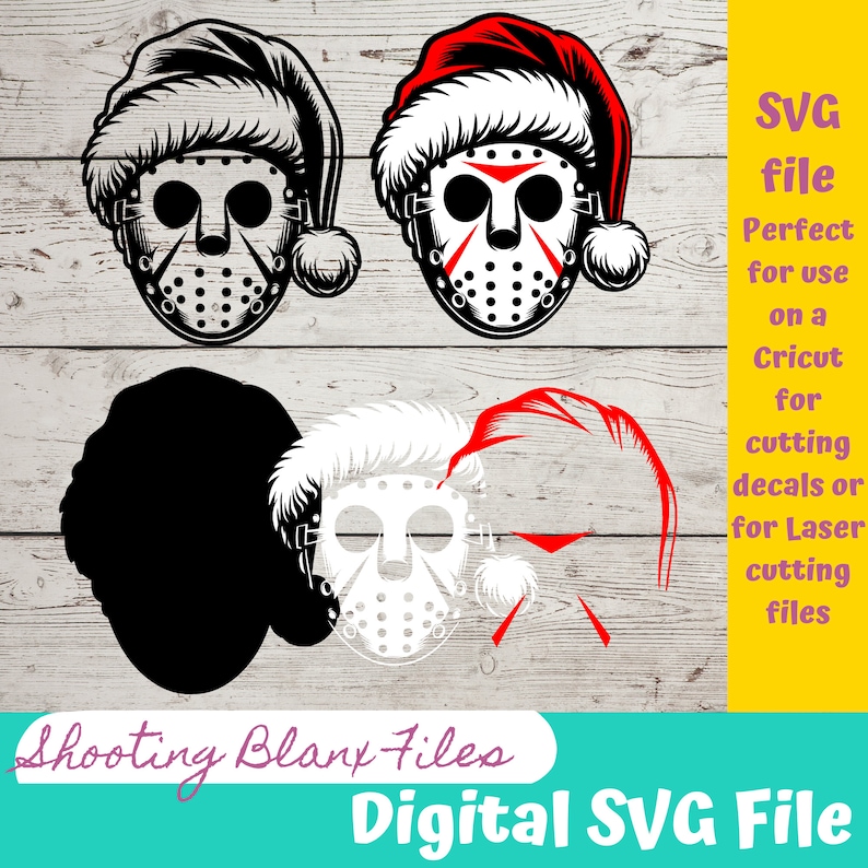 May include: Digital SVG file of a hockey mask with a Santa hat. The mask is white with black details and red accents. The Santa hat is red with white trim.