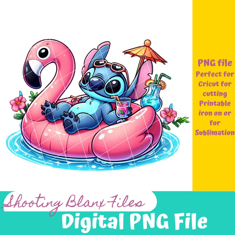 May include: A blue cartoon character with large eyes and a stitch on its head is relaxing on a pink flamingo pool float. The character is wearing sunglasses and holding a pink drink. The float is in a pool of blue water with a small palm tree and flowers.