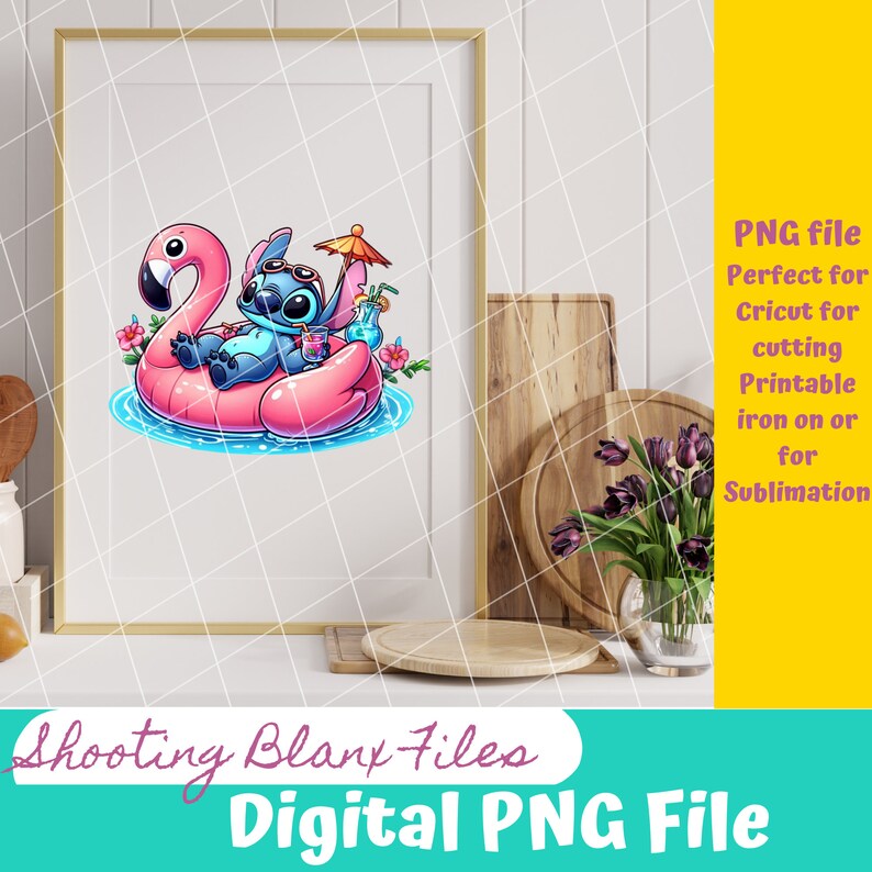 May include: A digital illustration of a blue cartoon character with large eyes and a goofy grin, relaxing on a pink flamingo pool float. The character is holding a tropical drink with an umbrella. The background is a light blue water with pink flowers.