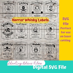 Horror whisky kolf etiketten SVG-bestanden | Halloween-whisky | Glowforge Halloween gesneden bestand | Digitaal bestand, Freddy, Jason, Michael