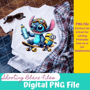 Stitch and Friend Skateboarding, Lato, Plik PNG, TYLKO PLIK CYFROWY, Naklejka, Sublimacja, Kubek, koszulka, torba, sztuka ścienna, Najlepsi przyjaciele