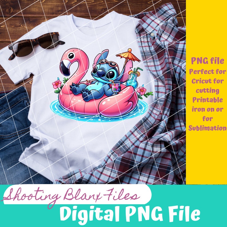 May include: A digital illustration of a blue cartoon character wearing sunglasses and a pink inflatable flamingo float. The character is holding a blue drink with a straw. The character is surrounded by water and flowers.