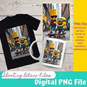 Könnte beinhalten: Ein schwarzes T-Shirt, ein gerahmter Druck und eine weiße Tasse zeigen ein digitales Bild von Bart Simpson und einem Minion auf einem Skateboard. Das Bild ist vor einem Stadtpanorama platziert. Der Text lautet "Shooting Blank Files Digital PNG File".