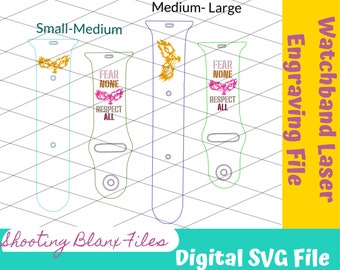 May include: Digital SVG file for laser engraving watchbands. The design features a stylized eagle with the text "Fear None, Respect All". The file is available in three sizes: small-medium, medium-large, and large.