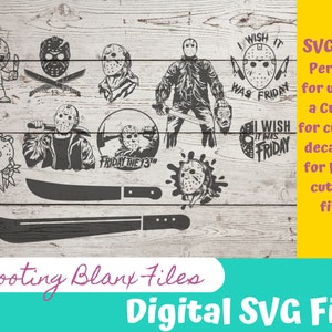 Op de afbeelding: Een digitaal SVG-bestand met verschillende zwart-wit illustraties van een hockeymasker, een machete en de tekst "Vrijdag de 13e". De tekst "Ik wens dat het vrijdag was" is ook in het ontwerp opgenomen.