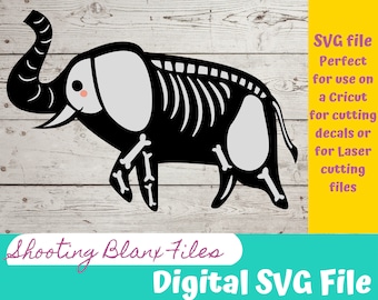 May include: Black and white digital SVG file of a skeleton elephant with a white outline. The file is perfect for use with a Cricut or laser cutting machine to create decals or other crafts.
