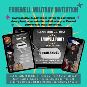 Könnte beinhalten: Eine digitale Einladung zu einer Abschiedsparty zu Ehren von Emmanuel, der zum Bootcamp für die USMC geht. Die Einladung zeigt ein militärisches Hundemarken mit dem Namen Emmanuel und ein Foto eines jungen Menschen in Militäruniform. Der Text auf der Einladung lautet: "Bitte nehmen Sie an einer Abschiedsparty zu Ehren von Emmanuel teil, der zum Bootcamp für die USMC geht."