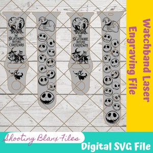 Puede incluir: Tres diseños de correas de reloj digitales con personajes de la película "Pesadilla antes de Navidad". Los diseños incluyen a Jack Skellington, Sally y Oogie Boogie. El texto "Pesadilla antes de Navidad" está incluido en dos de los diseños.